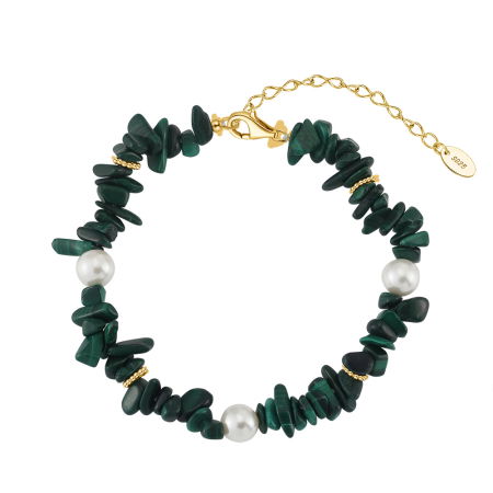 Bratara argint 925 placata cu aur 14K cu perle si malachit natural