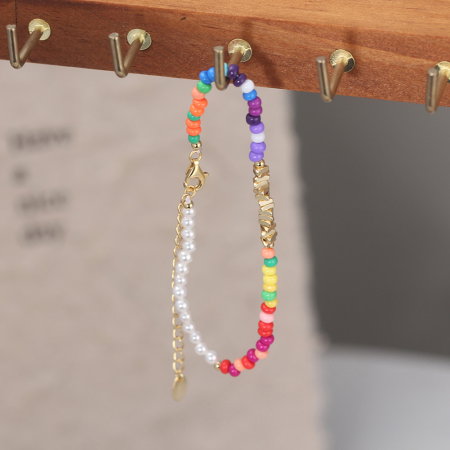 Bratara argint 925 placata cu aur 14K cu perle si margele din sticla colorata [5]