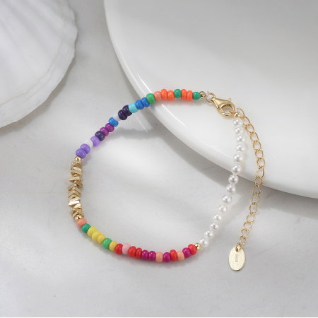 Bratara argint 925 placata cu aur 14K cu perle si margele din sticla colorata [2]