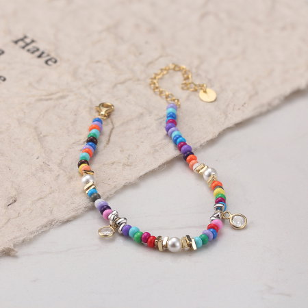 Bratara argint 925 placata cu aur 14K cu perle si zirconiu si margele din sticla colorata [5]