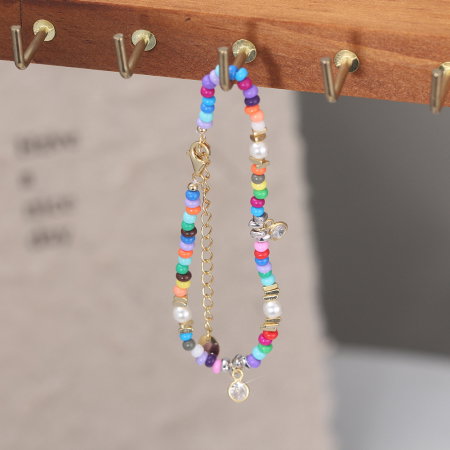 Bratara argint 925 placata cu aur 14K cu perle si zirconiu si margele din sticla colorata [6]