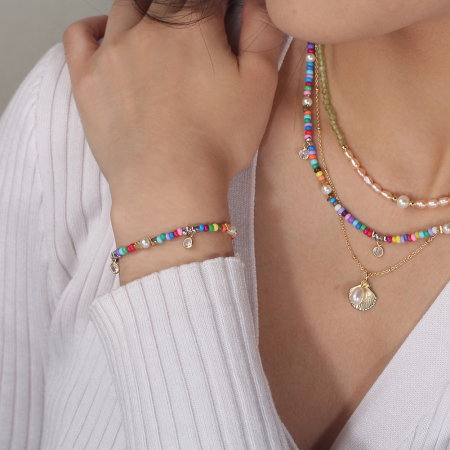 Bratara argint 925 placata cu aur 14K cu perle si zirconiu si margele din sticla colorata [1]