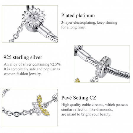 Bratara argint cu lant de siguranta Floarea Soarelui si Albina placata cu rodiu [1]