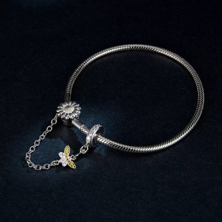 Bratara argint cu lant de siguranta Floarea Soarelui si Albina placata cu rodiu [2]