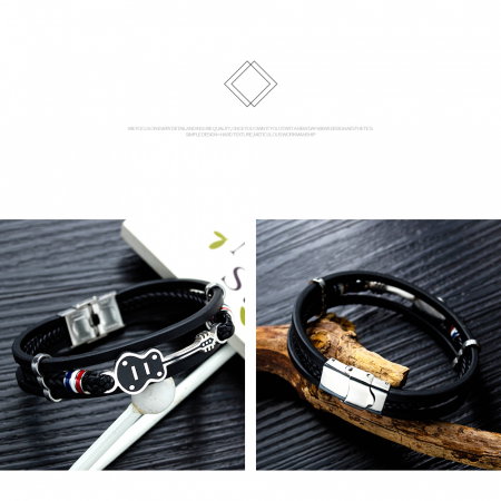 Bratara chitara din inox si piele neagra cu drapelul Frantei [11]