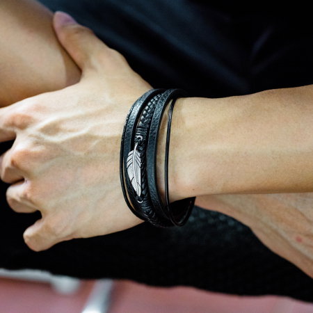 Bratara din piele si inox cu pana argintie [2]