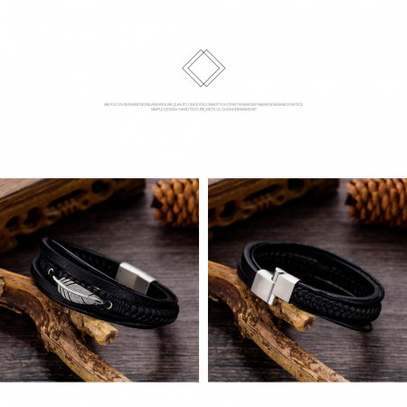 Bratara din piele si inox cu pana argintie [6]