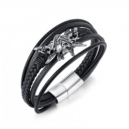 Bratara din inox si piele cu craniu de pirat