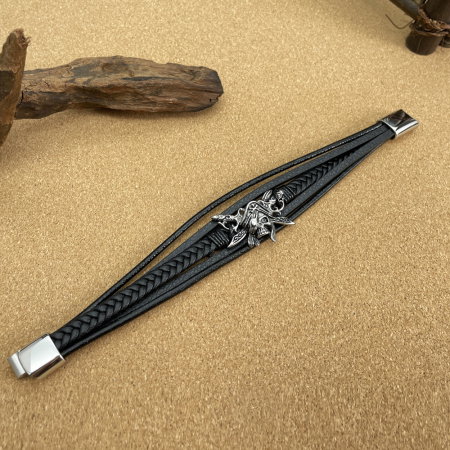 Bratara din inox si piele cu craniu de pirat [5]