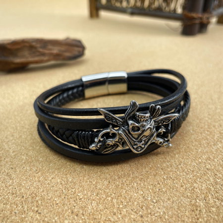 Bratara din inox si piele cu craniu de pirat [12]