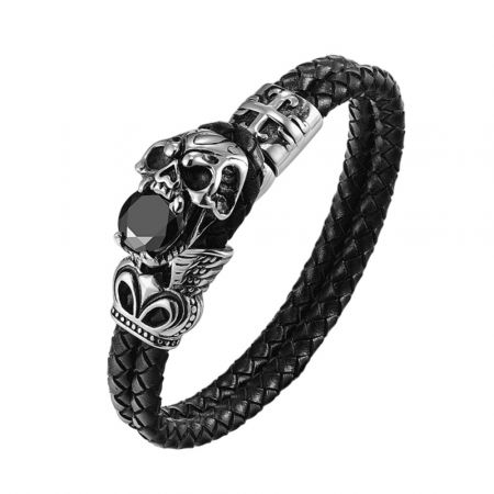 Bratara din piele naturala impletita si craniu din inox.