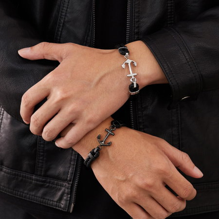 Bratara dubla inox si piele impletita cu ancora neagra [7]