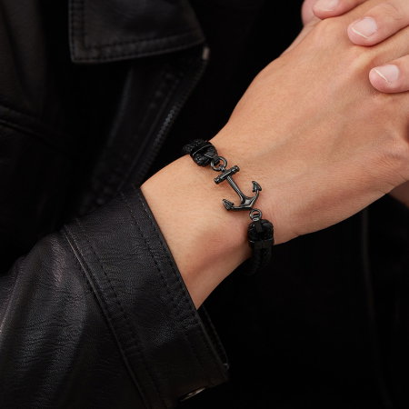 Bratara dubla inox si piele impletita cu ancora neagra [3]