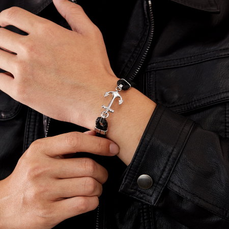 Bratara dubla cu ancora inox si piele impletita [3]