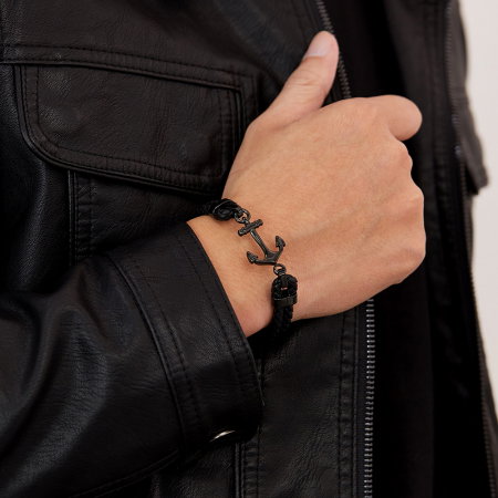 Bratara dubla inox si piele impletita cu ancora neagra [1]