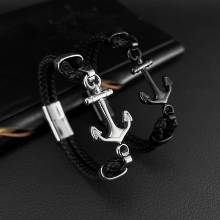 Bratara dubla inox si piele impletita cu ancora neagra [5]