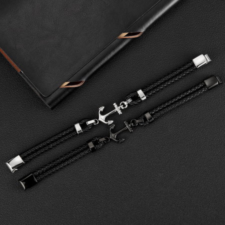 Bratara dubla inox si piele impletita cu ancora neagra [9]