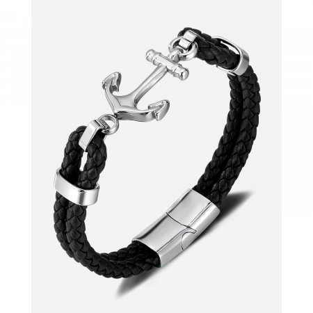 Bratara dubla cu ancora inox si piele impletita [11]