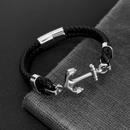 Bratara dubla cu ancora inox si piele impletita [2]