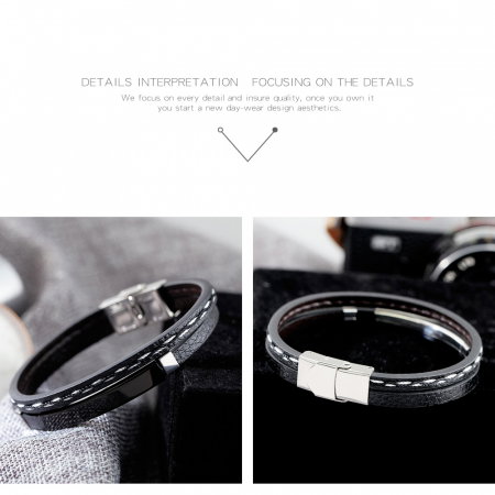 Bratara dubla din piele si inox cu placuta neagra [2]