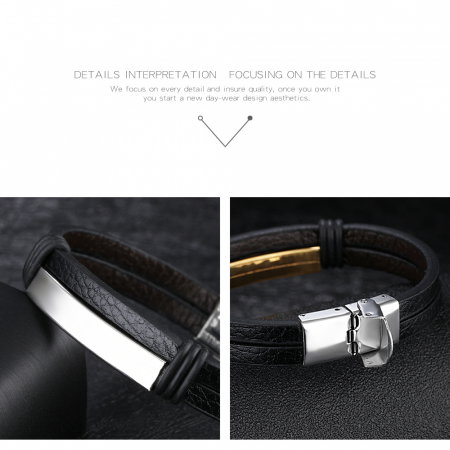 Bratara dubla din piele si inox cu placuta neagra [6]