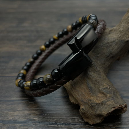 Bratara dubla inox, piele si ochi de tigru [7]