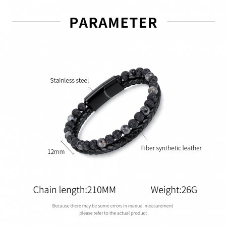 Bratara dubla inox, piele si roca vulcanica [8]