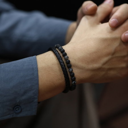 Bratara dubla inox, piele si roca vulcanica [7]