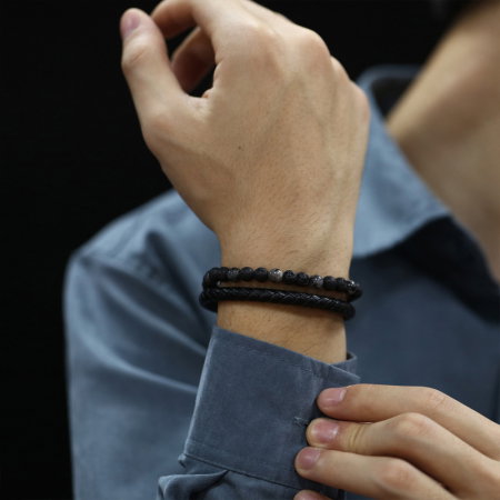 Bratara dubla inox, piele si roca vulcanica [1]