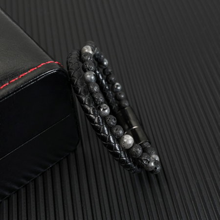 Bratara dubla inox, piele si roca vulcanica [9]