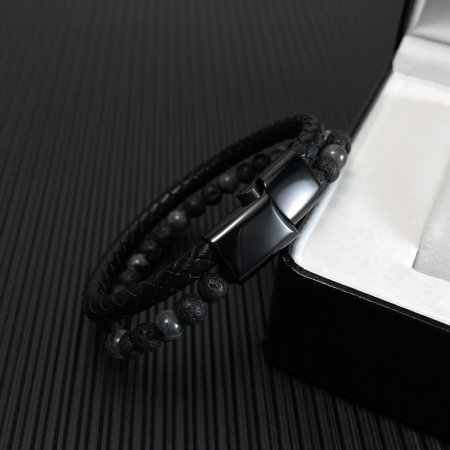 Bratara dubla inox, piele si roca vulcanica [4]