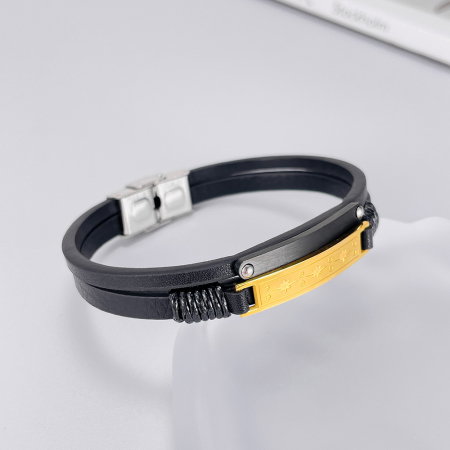 Bratara dubla inox si piele cu placuta aurie [13]