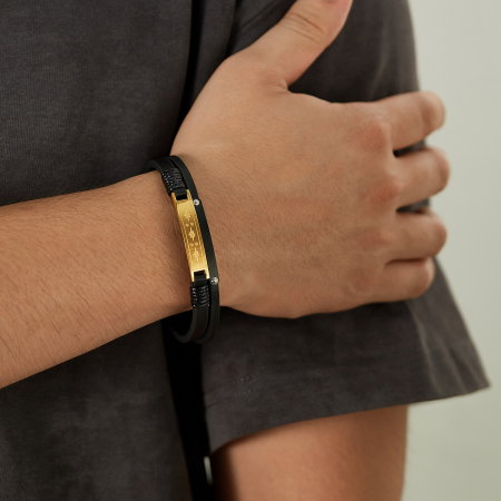 Bratara dubla inox si piele cu placuta aurie [3]