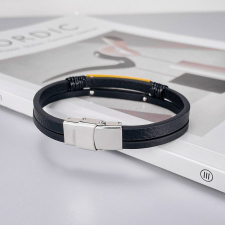 Bratara dubla inox si piele cu placuta aurie [9]