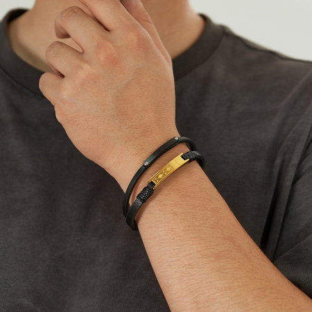 Bratara dubla inox si piele cu placuta aurie [10]