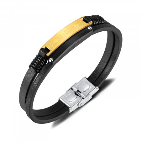 Bratara dubla inox si piele cu placuta aurie