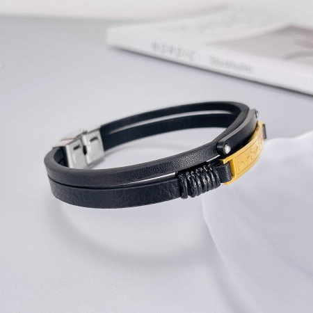 Bratara dubla inox si piele cu placuta aurie [2]