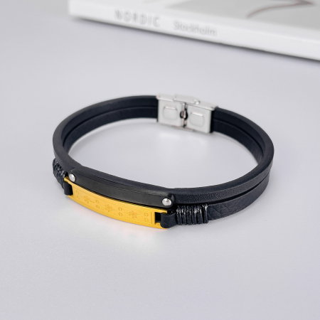 Bratara dubla inox si piele cu placuta aurie [12]