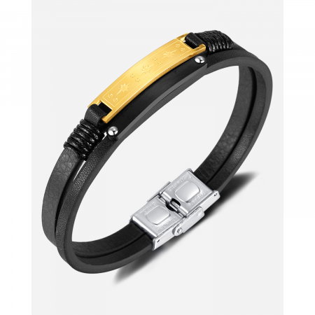 Bratara dubla inox si piele cu placuta aurie [14]