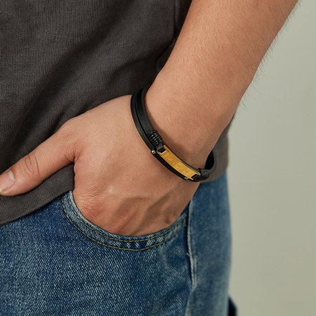 Bratara dubla inox si piele cu placuta aurie [5]