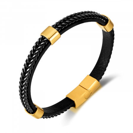 Bratara dubla inox si piele impletita