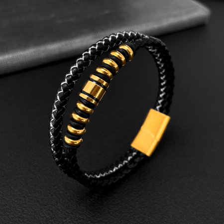 Bratara dubla inox si piele impletita [4]