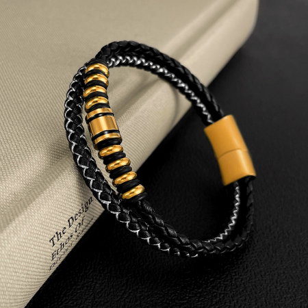 Bratara dubla inox si piele impletita [2]