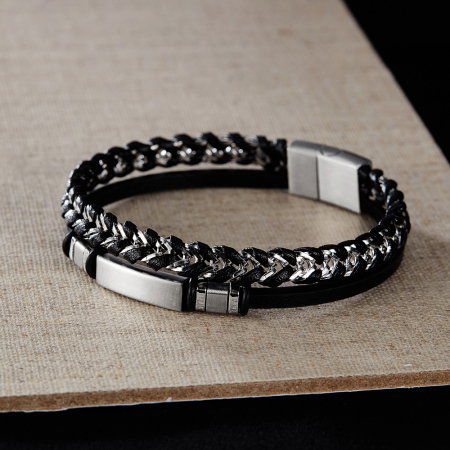 Bratara dubla inox si piele impletita [2]