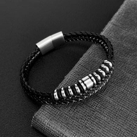 Bratara dubla inox si piele impletita [2]