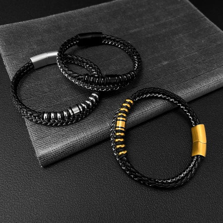 Bratara dubla inox si piele impletita [6]