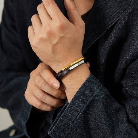 Bratara dubla inox si piele impletita [6]