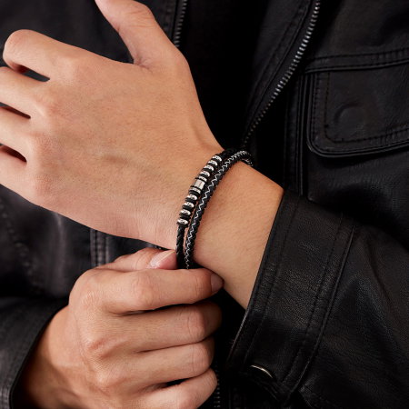 Bratara dubla inox si piele impletita [3]
