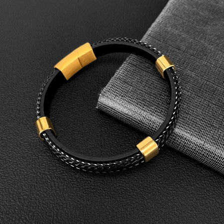 Bratara dubla inox si piele impletita [4]