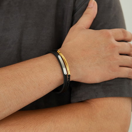 Bratara dubla inox si piele impletita [10]